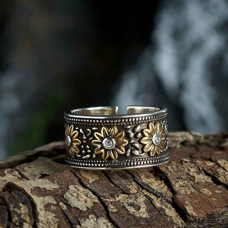 Adjustable Retro Silver Dyed Black Flower Ring - image 3