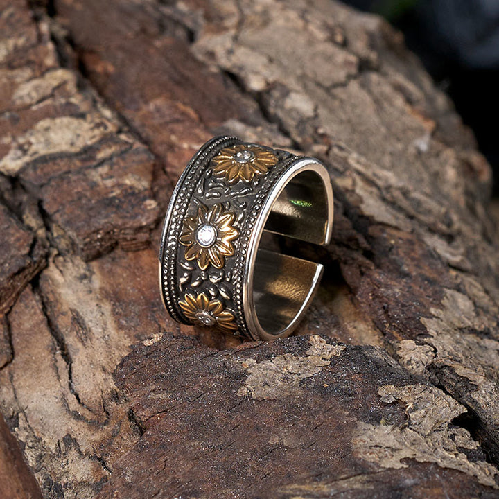 Adjustable Retro Silver Dyed Black Flower Ring - image 4