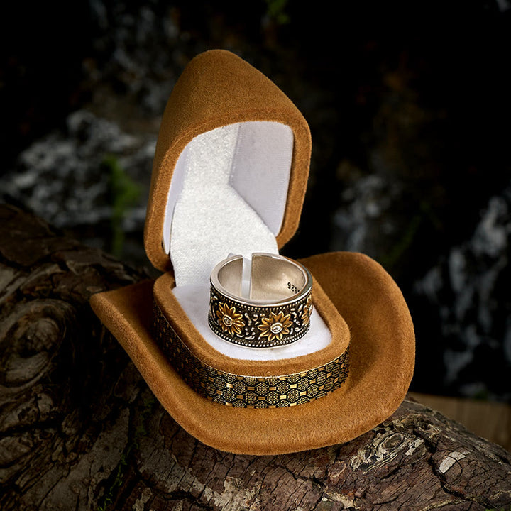 Adjustable Retro Silver Dyed Black Flower Ring - image 2