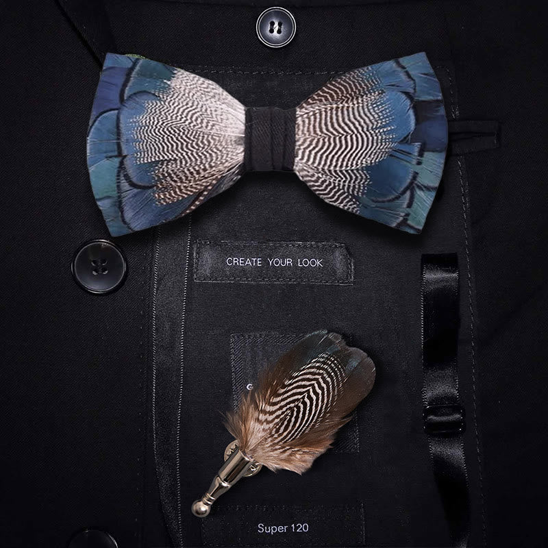 Blue & White Mallard Duck Feather Bow Tie with Lapel Pin - Adult - image 0
