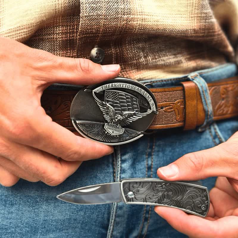 Men's DIY Eagle USA Flag Hidden Folding Knife Leather Belt - image 3