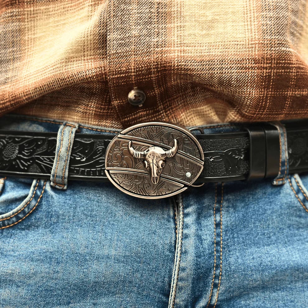Men's DIY Longhorn Bull Hidden Folding Knife Leather Belt - image 4