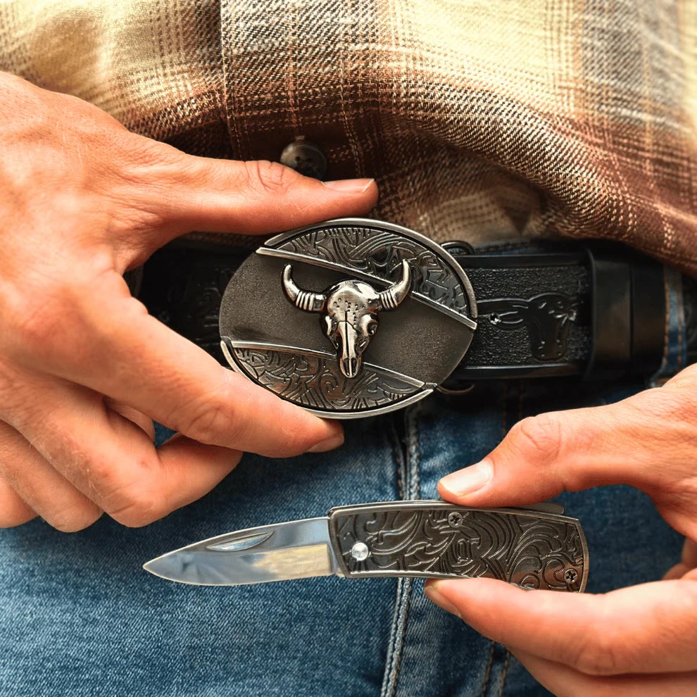 Men's DIY Longhorn Bull Hidden Folding Knife Leather Belt - image 5