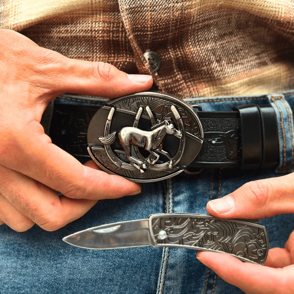 Men's DIY Galloping Horse Hidden Folding Knife Leather Belt - image 5