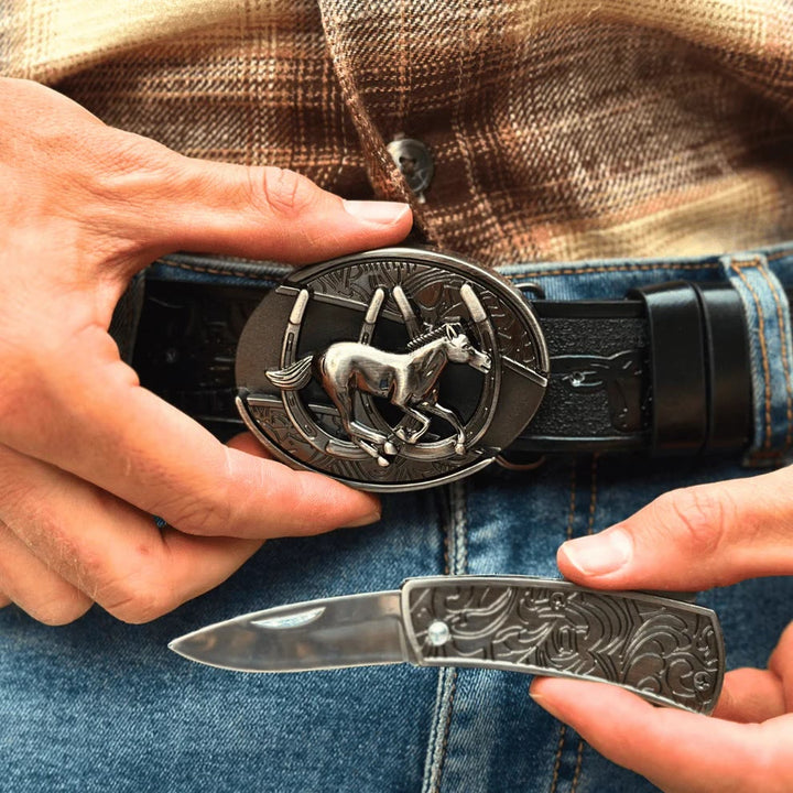 Men's DIY Galloping Horse Hidden Folding Knife Leather Belt - image 5