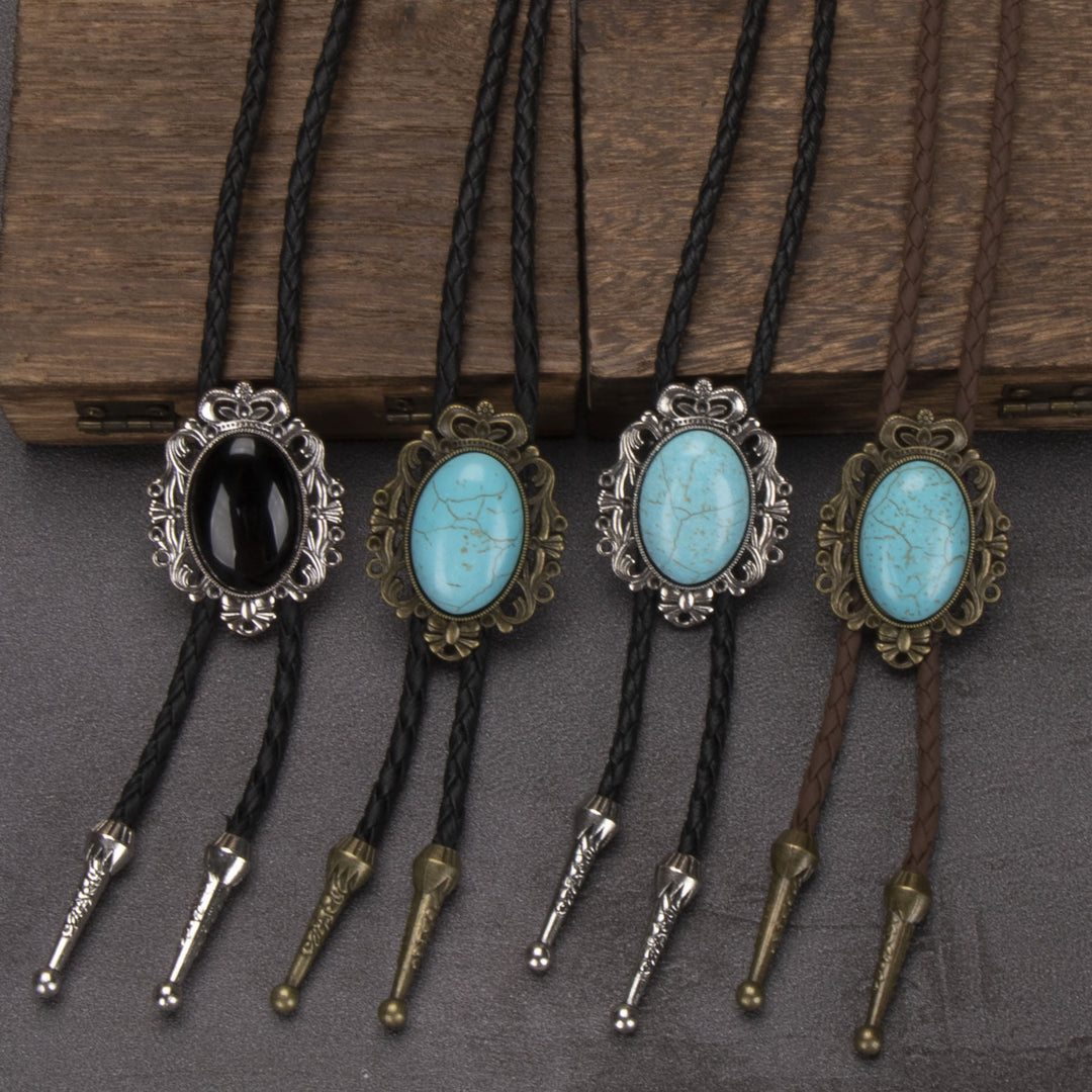 Retro Western Turquoise Elliptical Pendant Bolo Tie - image 0