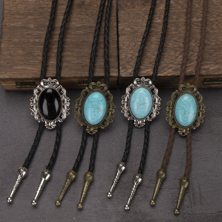 Retro Western Turquoise Elliptical Pendant Bolo Tie - image 0