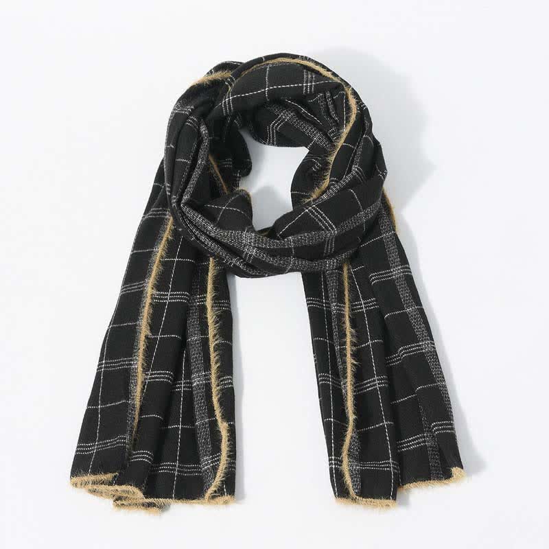 Timeless Classic Plaid Pattern Scarf With Furry Trim - Black - image 5