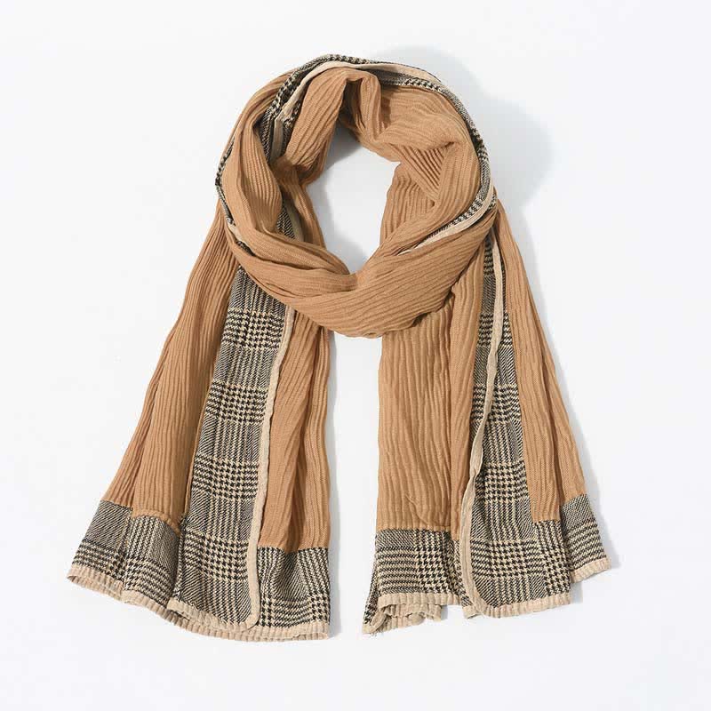 Houndstooth Patchwork Pattern Wrinkled Soft Scarf - Camel - image 8