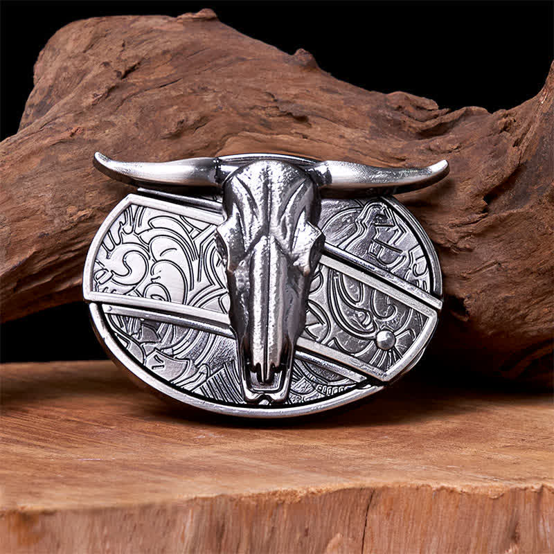 Bull's Head DIY Hidden Knife Silver Western Vintage Buckle Leather Belt - Without Belt - Not Included Belt - image 0