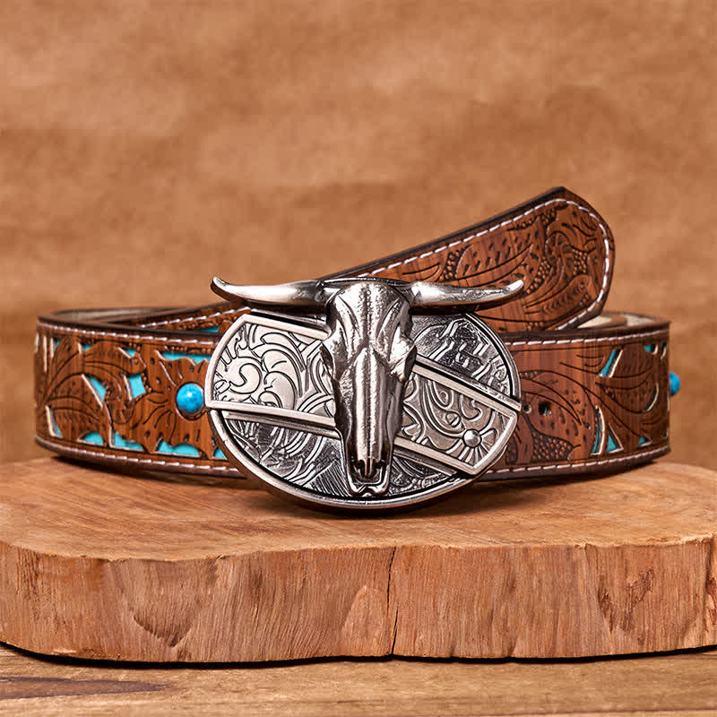 Bull's Head DIY Hidden Knife Silver Western Vintage Buckle Leather Belt - Turquoise Carved Belt - 42 - image 6