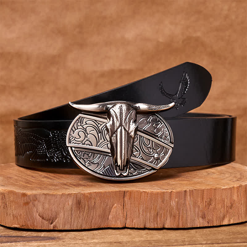 Bull's Head DIY Hidden Knife Silver Western Vintage Buckle Leather Belt - Black Embossed Eagle Belt - 42 - image 5