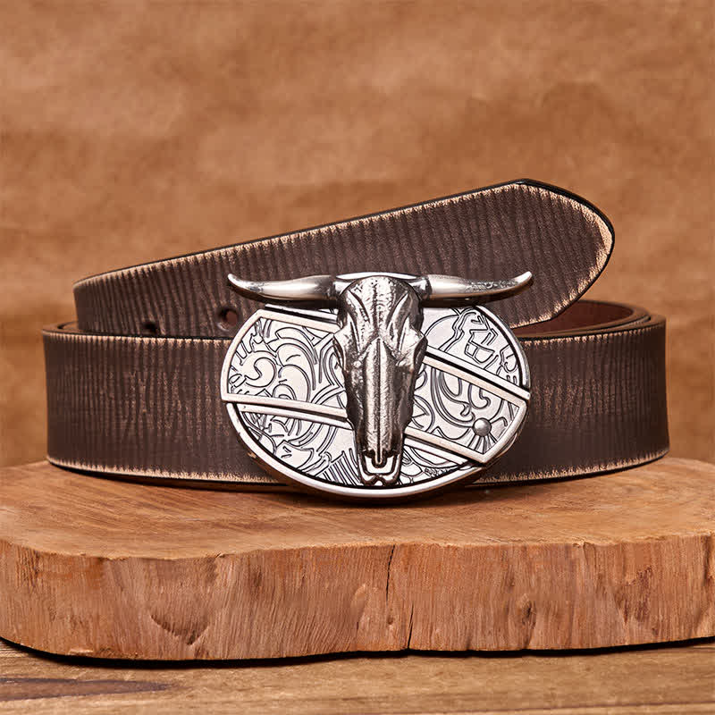 Bull's Head DIY Hidden Knife Silver Western Vintage Buckle Leather Belt - Brown Distressed Belt - 42 - image 8