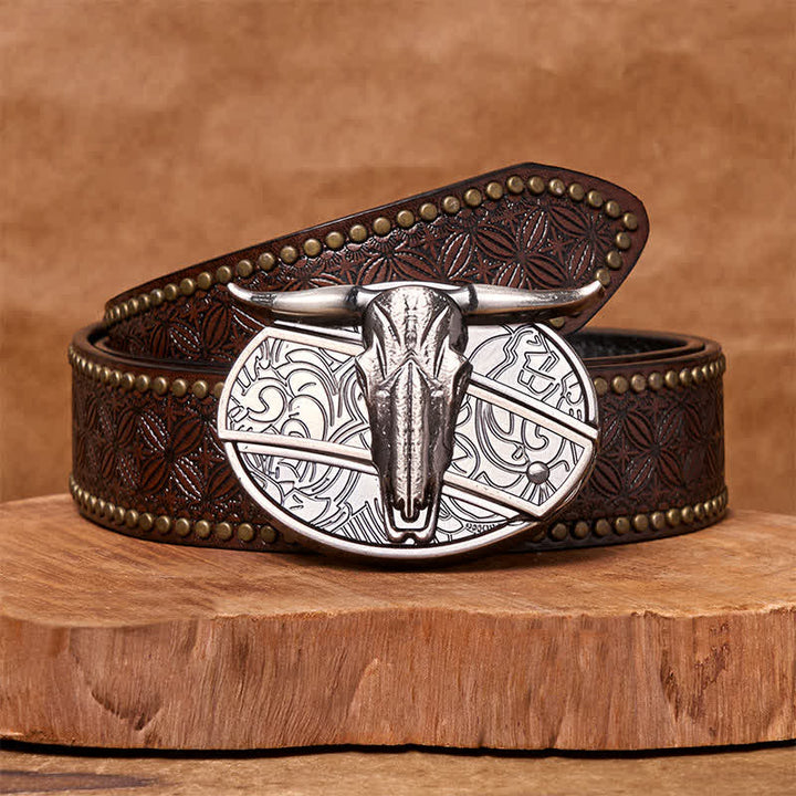 Bull's Head DIY Hidden Knife Silver Western Vintage Buckle Leather Belt - Brown Rivet Belt - 42 - image 7