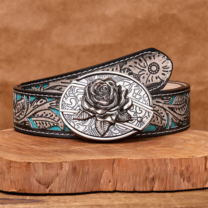 Men's DIY Western Rose Hidden Folding Knife Leather Belt - Western Rose - Gray Floral Belt - 42 - image 10