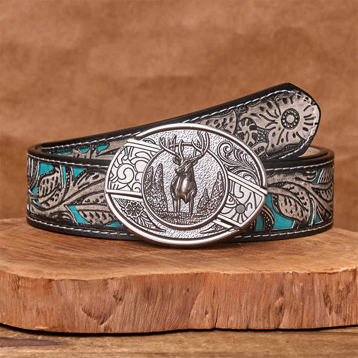 Men's DIY Forest Deer Hidden Folding Knife Leather Belt - Deer - Gray Floral Belt - 42 - image 12