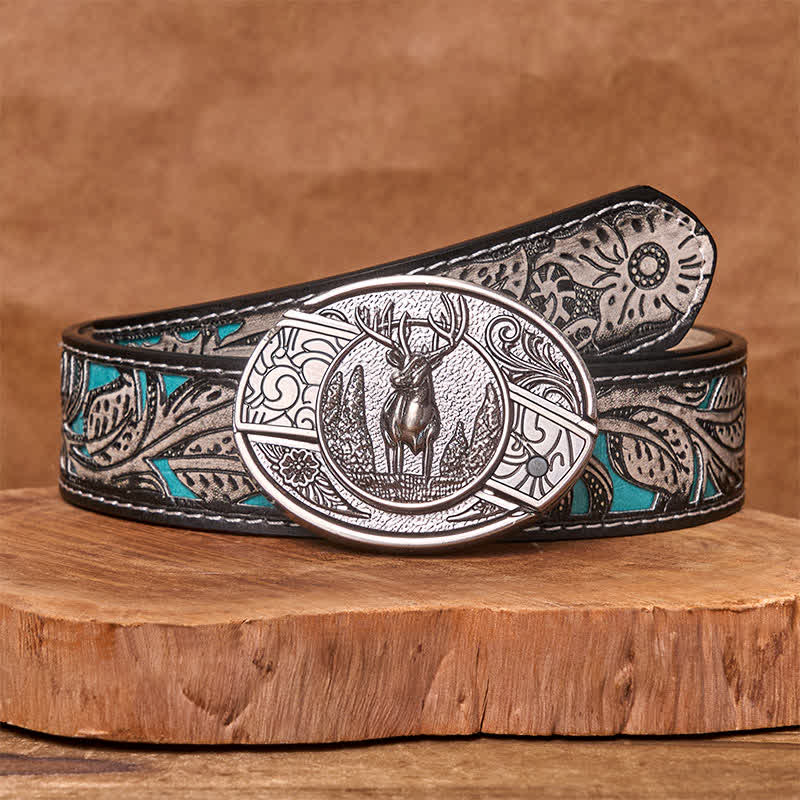 Men's DIY Forest Deer Hidden Folding Knife Leather Belt - Deer - Gray Floral Belt - 42 - image 11