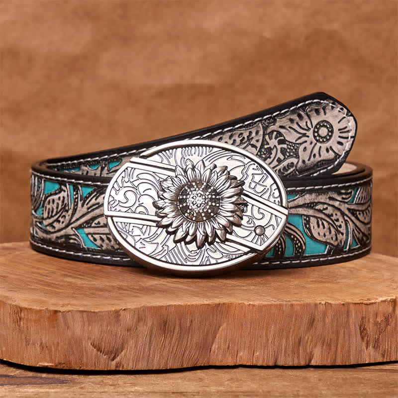 Men's DIY Sunflower Hidden Folding Knife Leather Belt - Sunflower - Gray Floral Belt - 42 - image 12