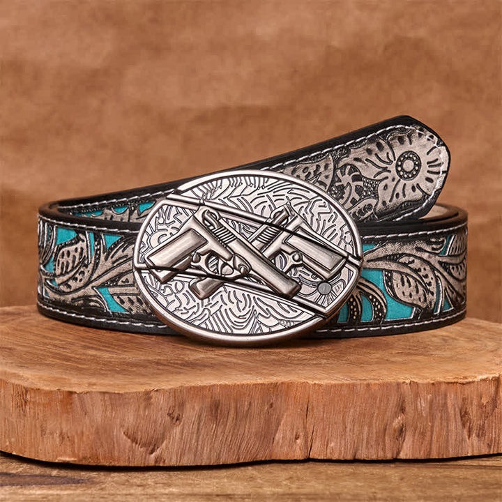 Men's DIY Dual Gun Hidden Folding Knife Leather Belt - Dual Gun - Gray Floral Belt - 42 - image 10