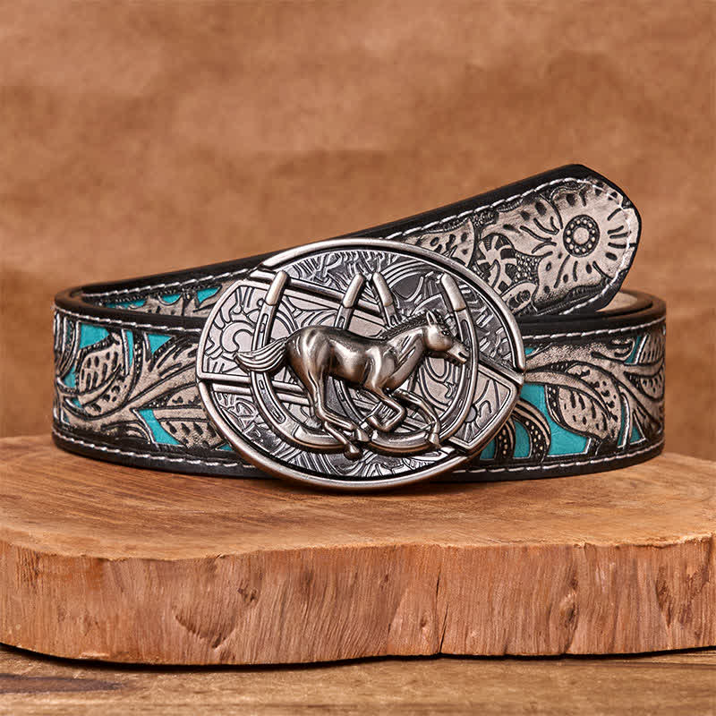 Men's DIY Galloping Horse Hidden Folding Knife Leather Belt - Galloping Horse - Gray Floral Belt - 42 - image 13