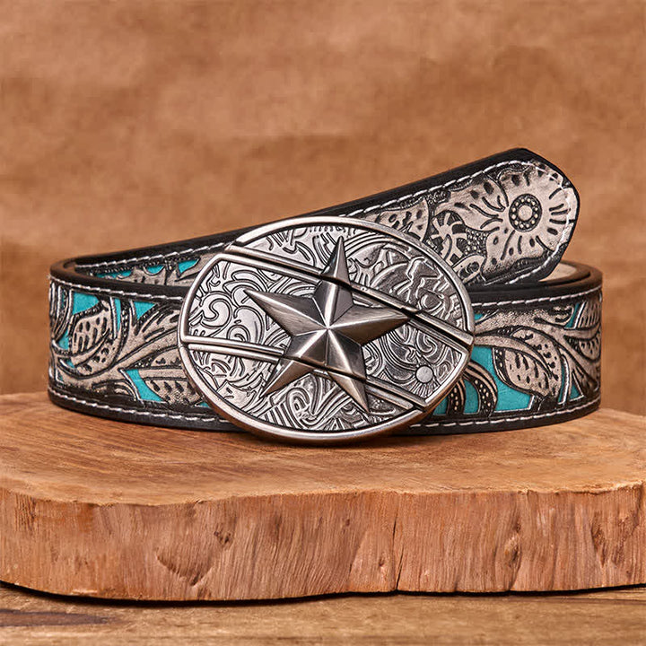Men's DIY Pentagram Hidden Folding Knife Leather Belt - Pentagram - Gray Floral Belt - 42 - image 10