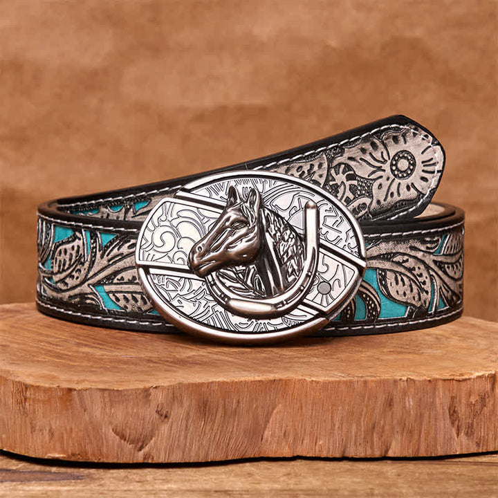 Men's DIY Horse Head Hidden Folding Knife Leather Belt - Horse Head - Gray Floral Belt - 42 - image 12