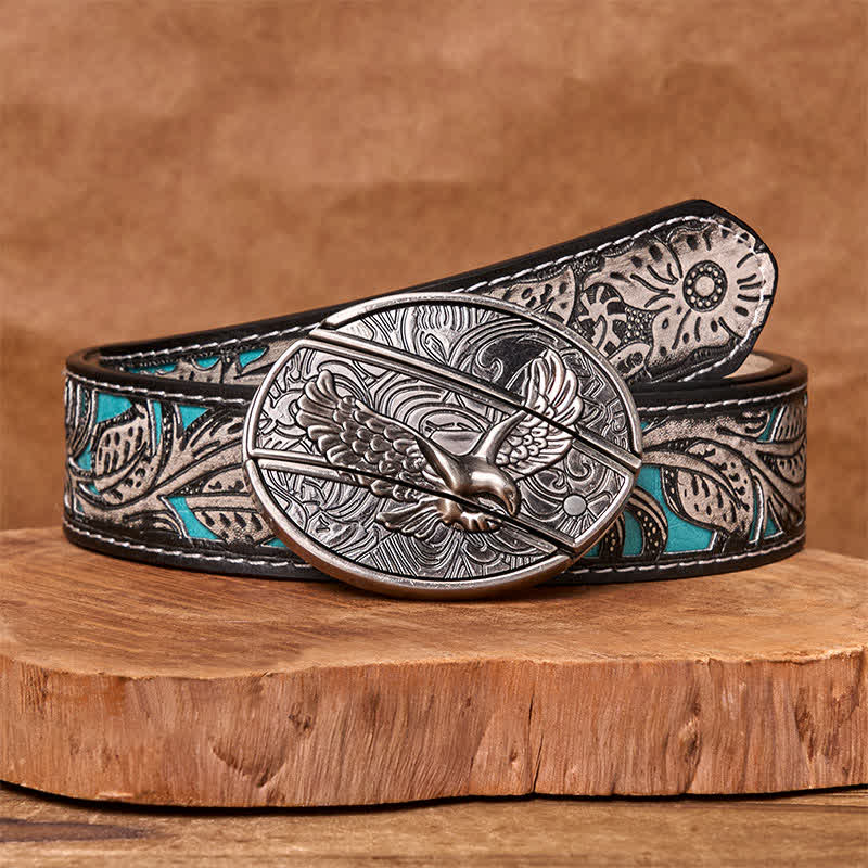 Men's DIY Soaring Eagle Hidden Folding Knife Leather Belt - Soaring Eagle - Gray Floral Belt - 42 - image 12