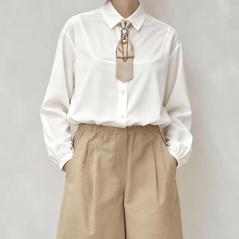 Pre-tied Khaki White Diamond Pearl Fashionable Short Necktie - image 1