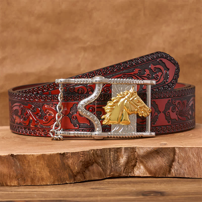 Hollow Out Gold & Silver Horse Head Buckle Leather Belt - Gold Horse - Brown Carved Belt - 42 - image 6