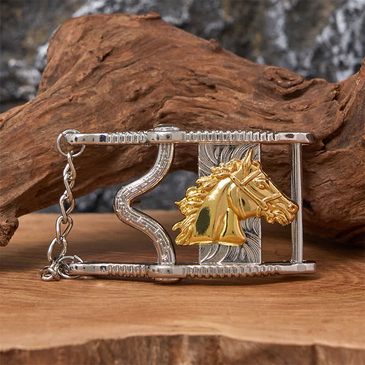 Hollow Out Gold & Silver Horse Head Buckle Leather Belt - Gold Horse - Without Belt - Not Included Belt - image 0