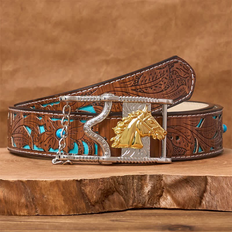 Hollow Out Gold & Silver Horse Head Buckle Leather Belt - Gold Horse - Turquoise Carved Belt - 42 - image 3