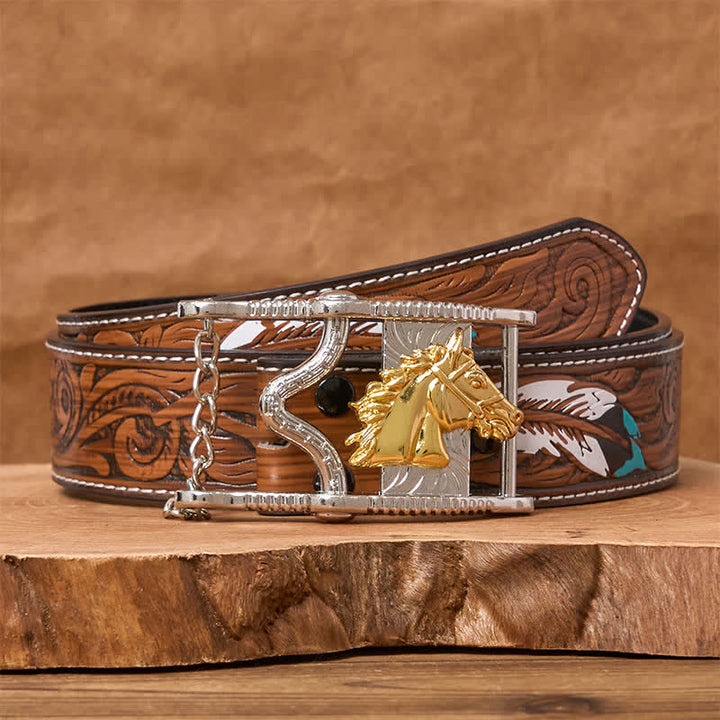Hollow Out Gold & Silver Horse Head Buckle Leather Belt - Gold Horse - Brown Feather Belt - 40 - image 7