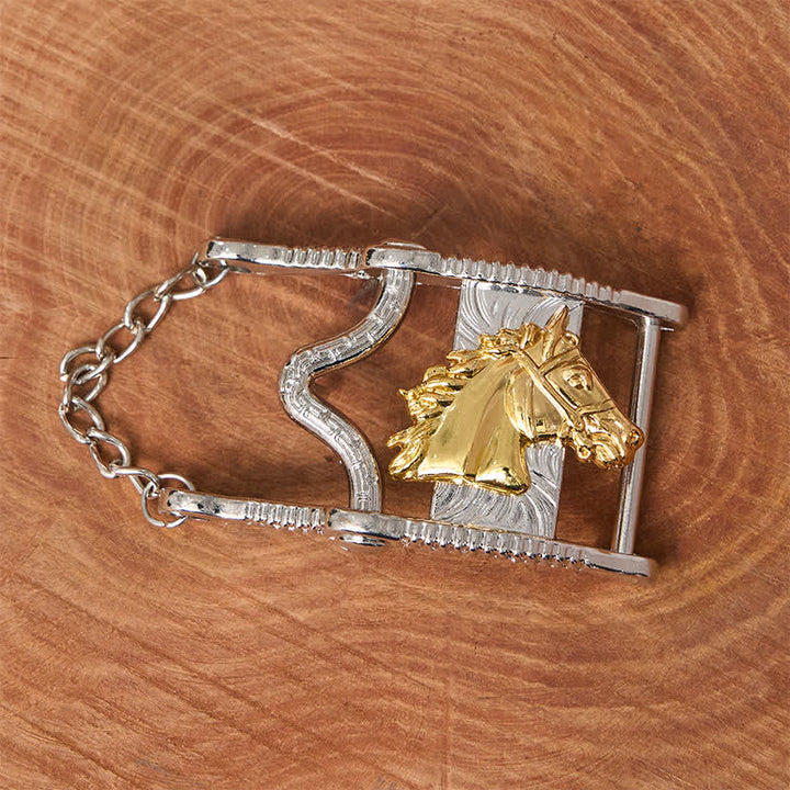 Hollow Out Gold & Silver Horse Head Buckle Leather Belt - image 1
