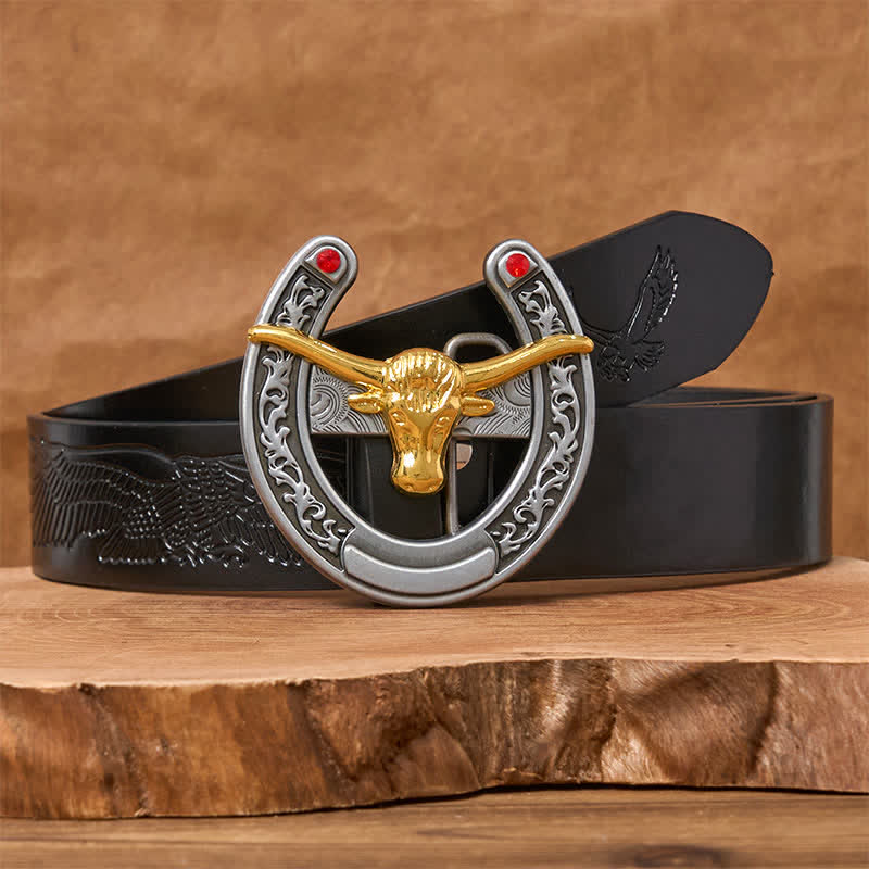 Gold Bull Head Western Horseshoe Shape Buckle Leather Belt - Gold Bull - Black Embossed Eagle Belt - 42 - image 2