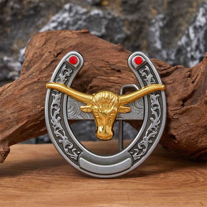 Gold Bull Head Western Horseshoe Shape Buckle Leather Belt - Gold Bull - Without Belt - Not Included Belt - image 0