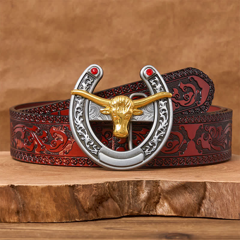 Gold Bull Head Western Horseshoe Shape Buckle Leather Belt - Gold Bull - Brown Carved Belt - 42 - image 6