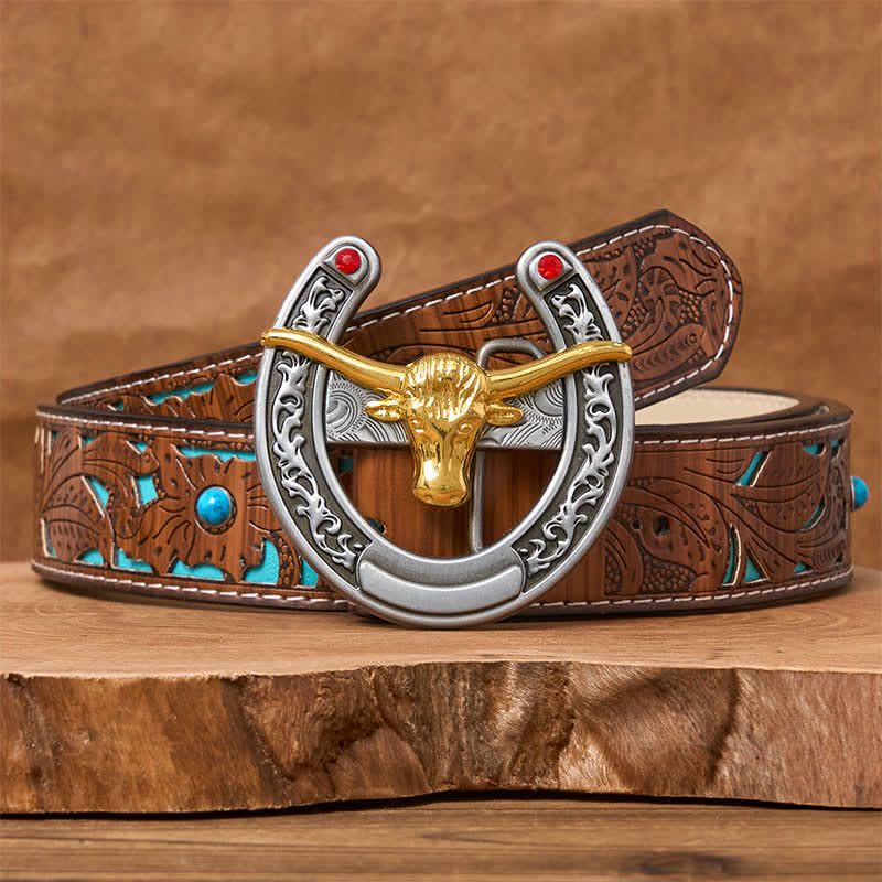 Gold Bull Head Western Horseshoe Shape Buckle Leather Belt - Gold Bull - Turquoise Carved Belt - 42 - image 3