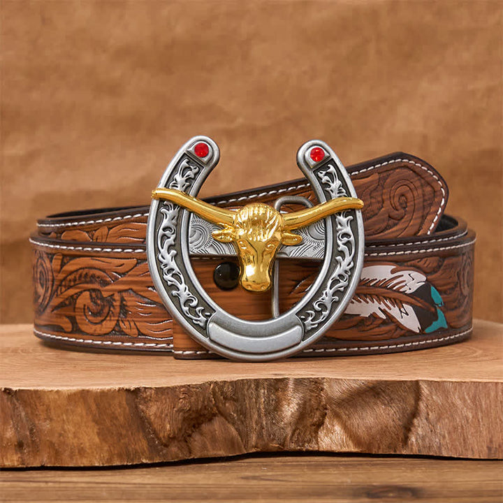Gold Bull Head Western Horseshoe Shape Buckle Leather Belt - Gold Bull - Brown Feather Belt - 40 - image 7