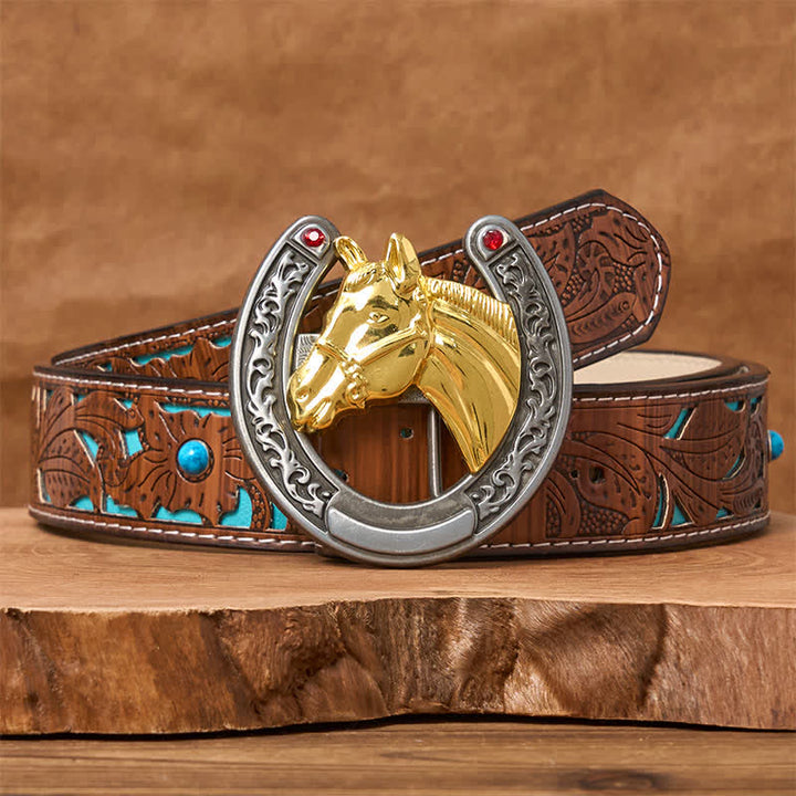 Horse Head & Horseshoe Shape Buckle Leather Belt - Gold Horse - Turquoise Carved Belt - 42 - image 3