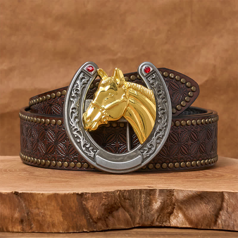 Horse Head & Horseshoe Shape Buckle Leather Belt - Gold Horse - Brown Rivet Belt - 42 - image 4