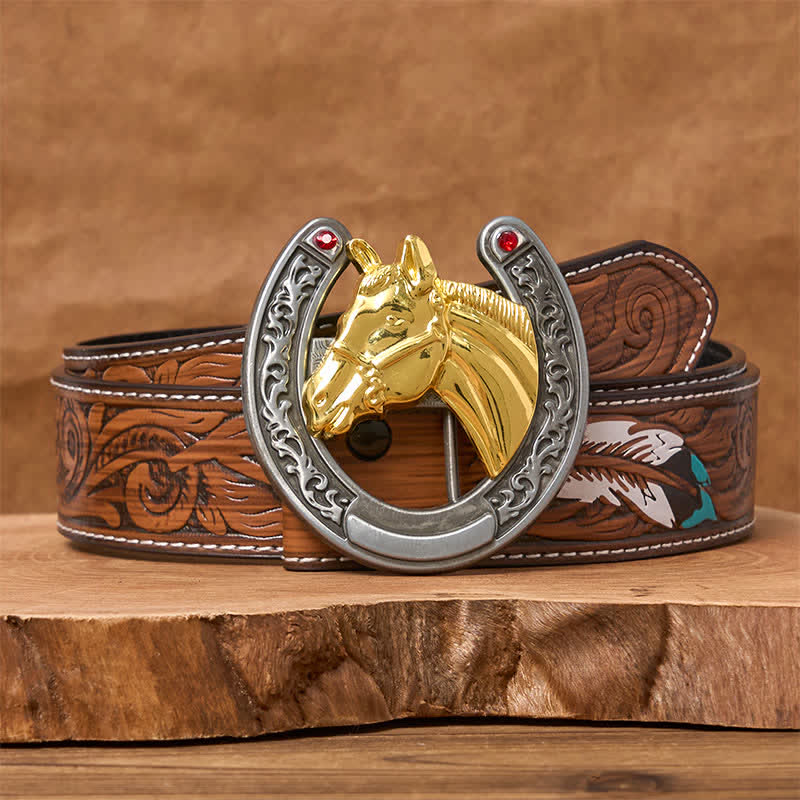 Horse Head & Horseshoe Shape Buckle Leather Belt - Gold Horse - Brown Feather Belt - 40 - image 7
