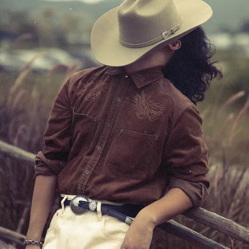 Western Vintage Corduroy Floral Embroidery Cowboy Shirt - image 0