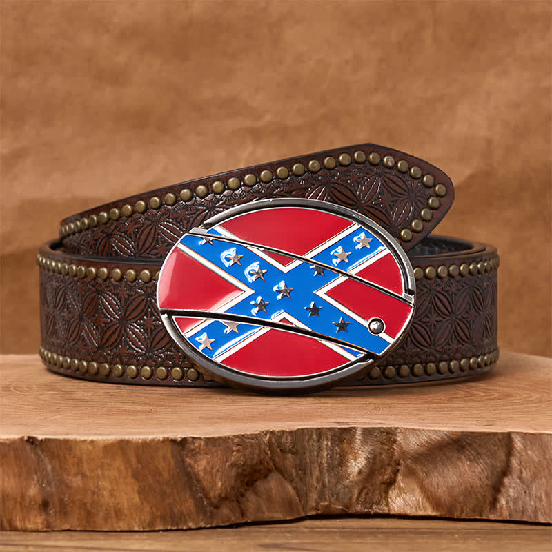 Red & Blue Confederate Flag DIY Hidden Knife Buckle Leather Belt - Brown Rivet Belt - 42 - image 6