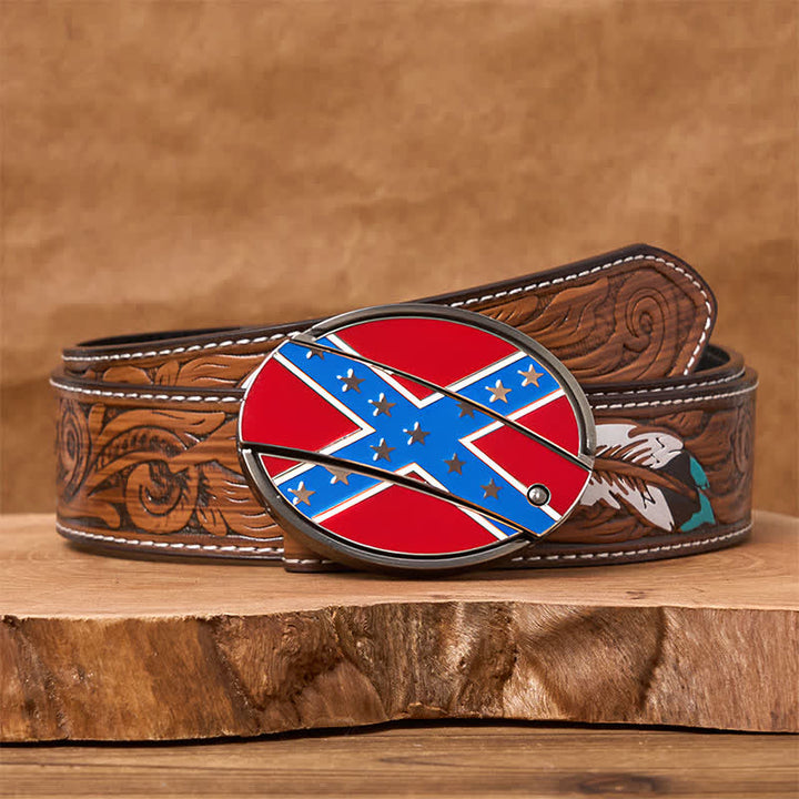 Red & Blue Confederate Flag DIY Hidden Knife Buckle Leather Belt - Brown Feather Belt - 40 - image 9