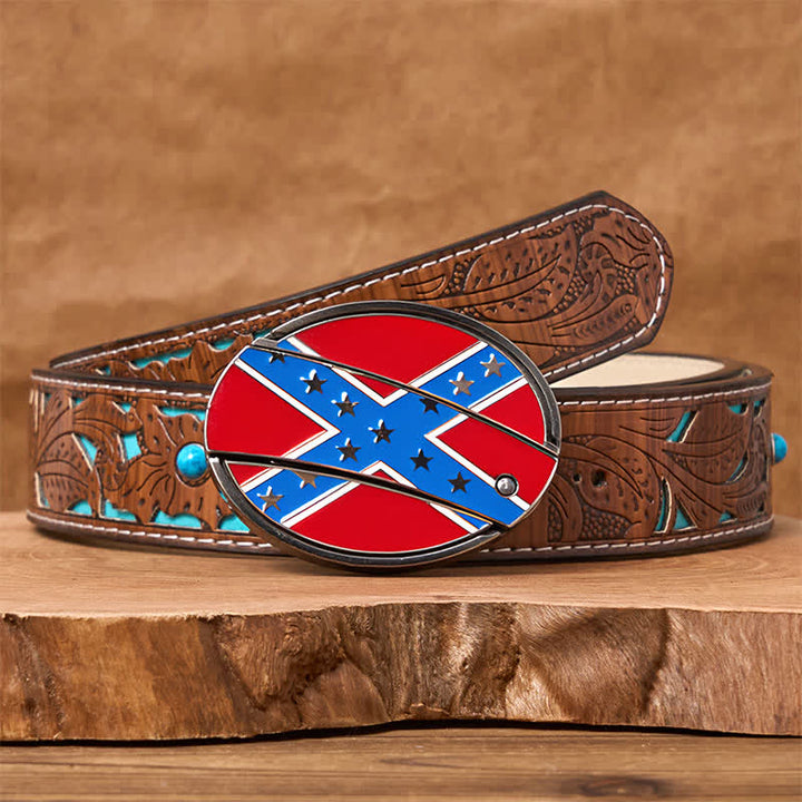 Red & Blue Confederate Flag DIY Hidden Knife Buckle Leather Belt - Turquoise Carved Belt - 42 - image 5