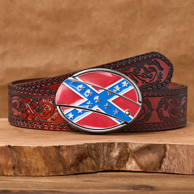 Red & Blue Confederate Flag DIY Hidden Knife Buckle Leather Belt - Brown Carved Belt - 42 - image 8