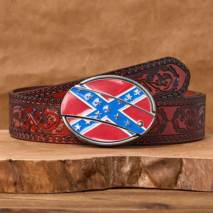 Red & Blue Confederate Flag DIY Hidden Knife Buckle Leather Belt - Brown Carved Belt - 42 - image 8