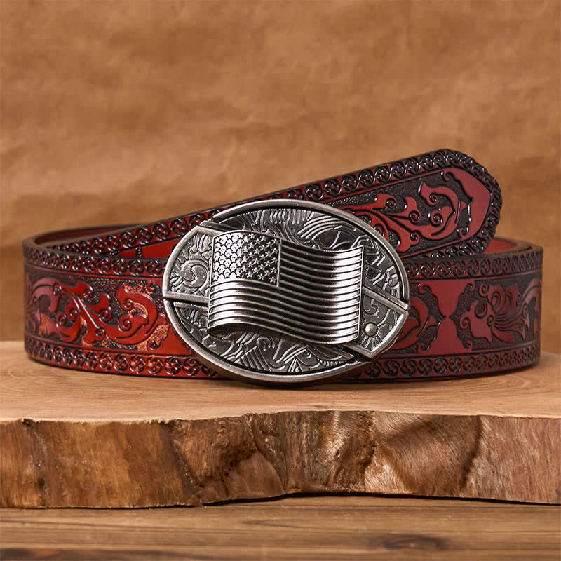 Silver American Flag DIY Hidden Knife Buckle Leather Belt - Brown Carved Belt - 42 - image 8