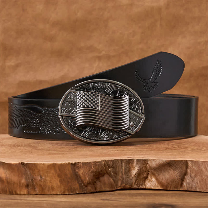 Silver American Flag DIY Hidden Knife Buckle Leather Belt - Black Embossed Eagle Belt - 42 - image 4
