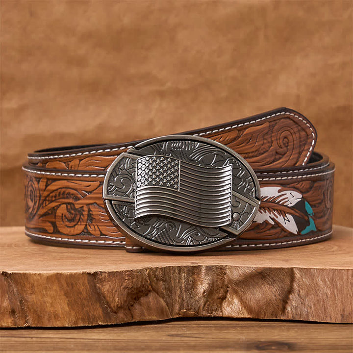 Silver American Flag DIY Hidden Knife Buckle Leather Belt - Brown Feather Belt - 40 - image 9